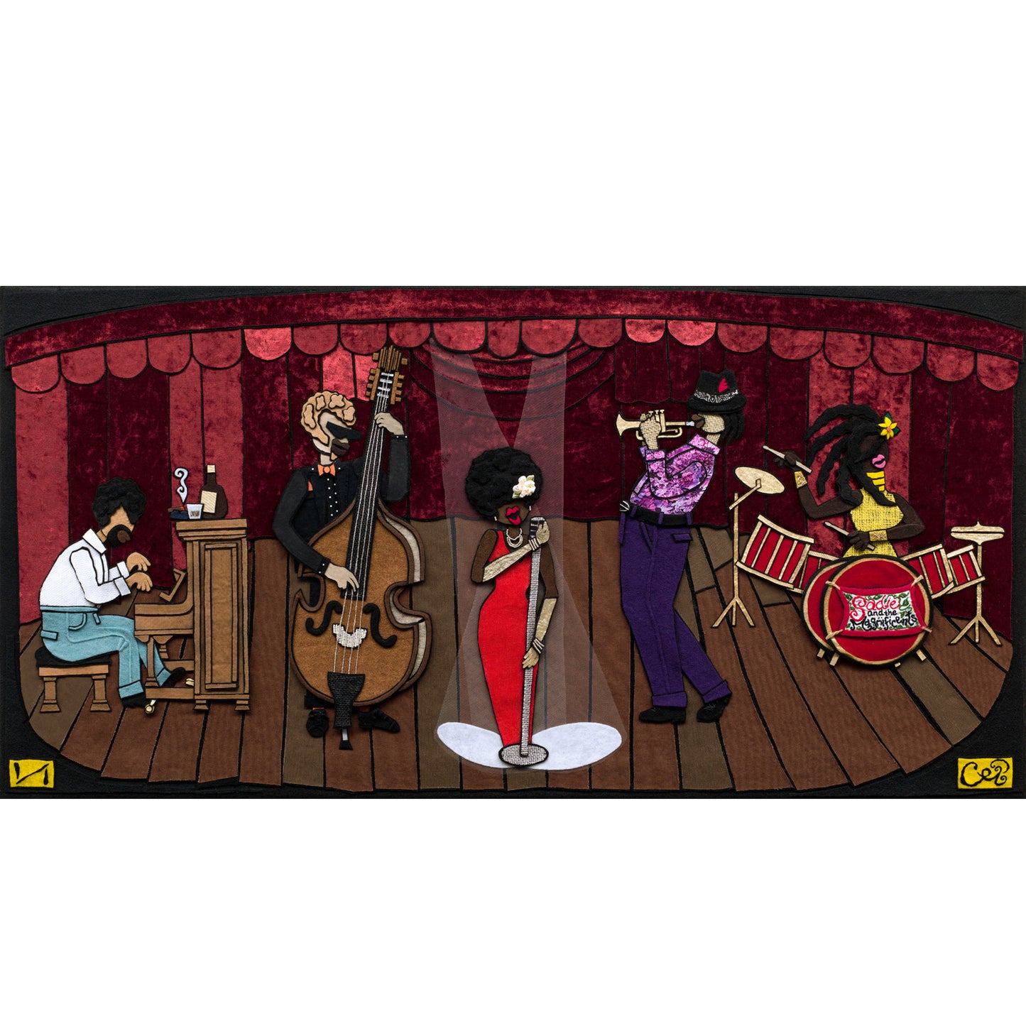Liz Ivey's Illustration of a jazz band performing on a stage with red curtains.