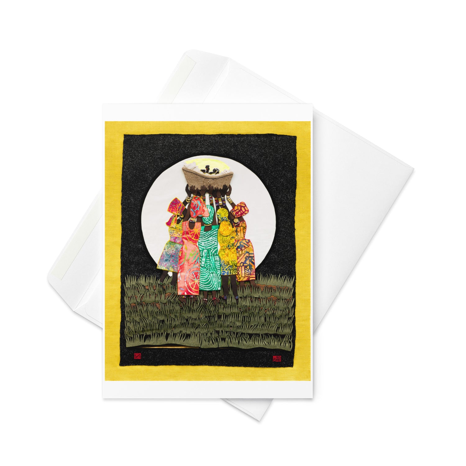 A limited edition print of a Liz Ivey original figurative artwork notecard on top of its envelope against a white background. The artwork features many colorfully clothed women holding up a baby in a basket in front of a full moon.