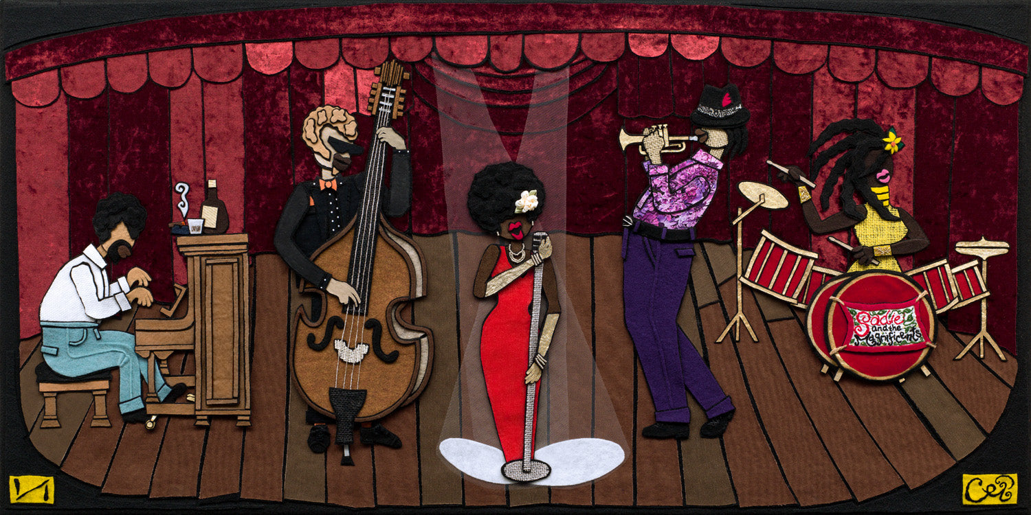 A piece of Liz Ivey’s figurative artwork featuring a scene where a woman in a red dress sings on stage in spotlight, her band plays behind her and a red curtain drapes behind them, the drummer’s base drum reads “Sadie and the Magnificents”