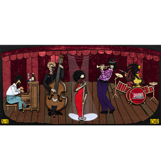 Liz Ivey's Illustration of a jazz band performing on a stage with red curtains.