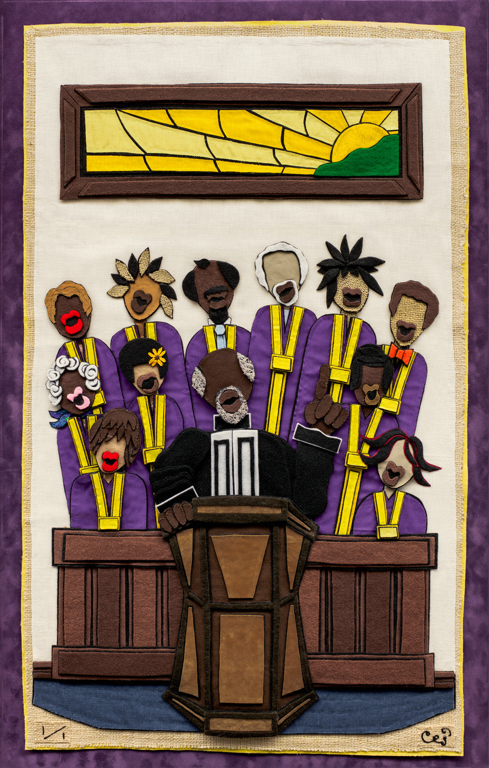A piece of Liz Ivey’s figurative artwork featuring a preacher in black robes behind a podium and a varied group of choir singers in purple and yellow robes behind him, a stained glass window of a sun behind them